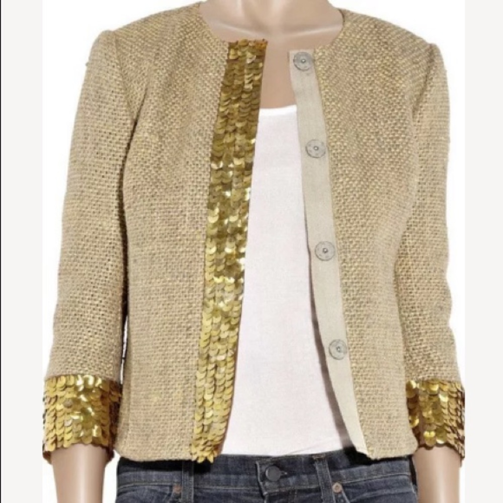 Tory Burch Gordie Sequin Tweed Jacket Gold 6